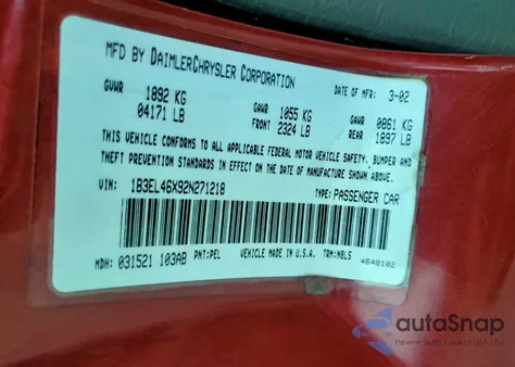 2002 Dodge Stratus Se Plus из США, поврежденный, VIN 1B3EL46X92N271218